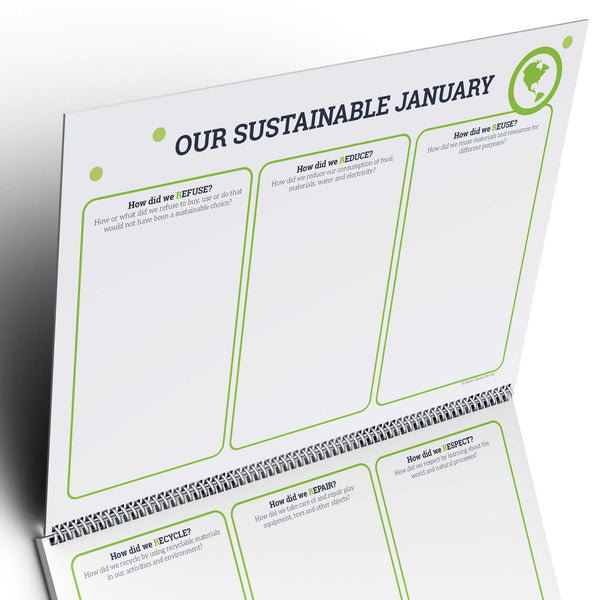 Sustainable living activity sheet with green text and icons on a white background