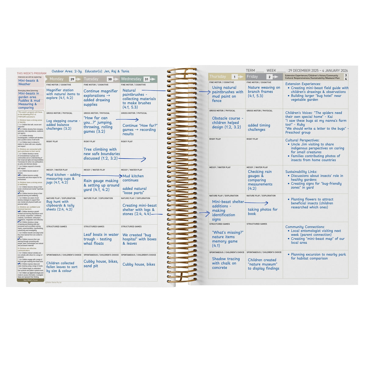 Open spiral-bound planner with text and notes on a white background