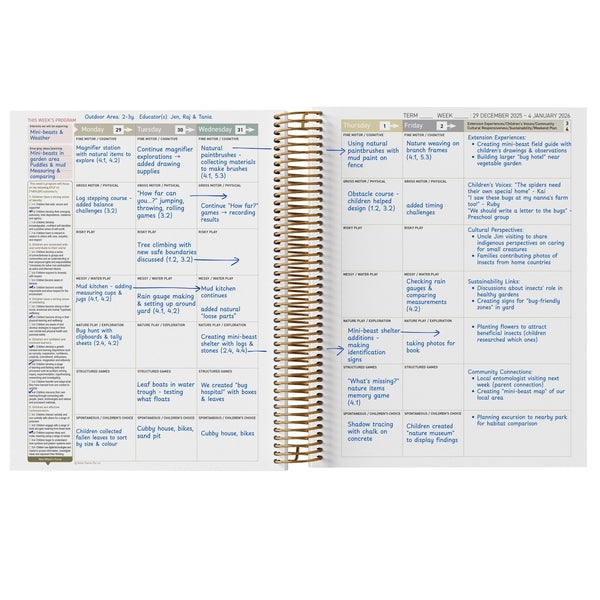Open spiral-bound planner with text and notes on a white background
