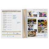 Open spiral-bound notebook with daily checklist and photo collage on white background
