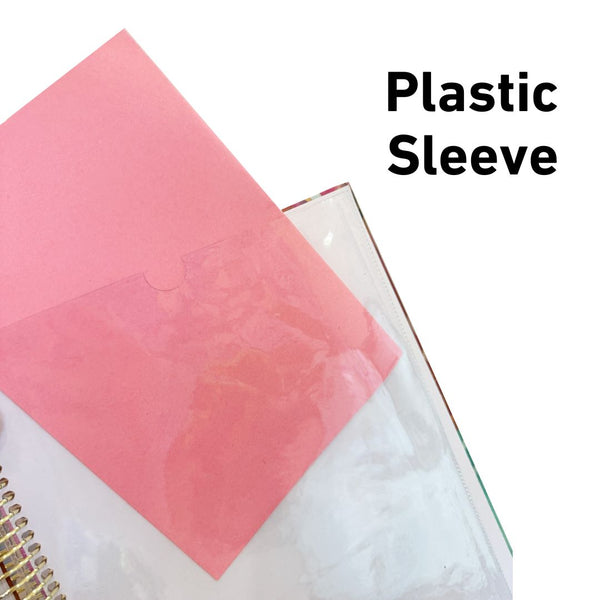 Pink plastic sleeve over a book with text 'Plastic Sleeve' on a white background
