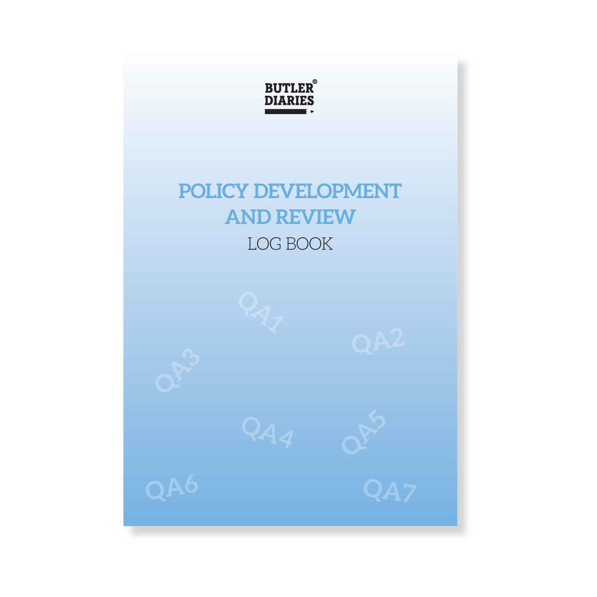 Log book titled 'Policy Development and Review' by Butler Diaries on a light blue background.