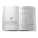 Open book with policy review sections on a white background