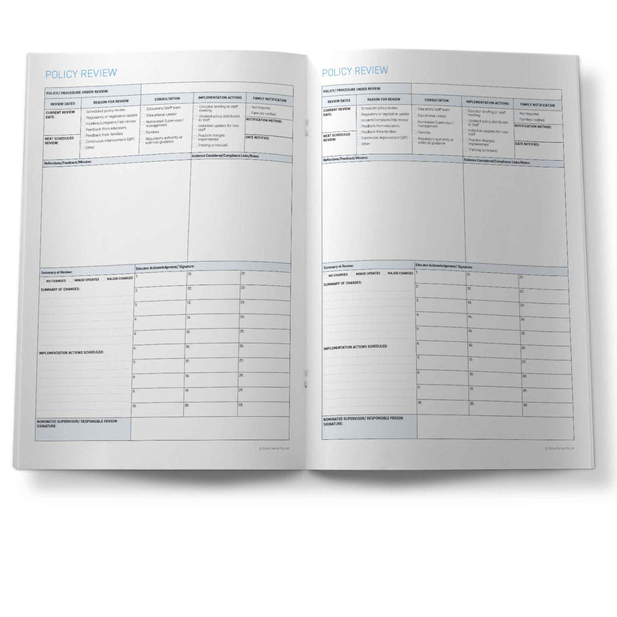 Open book with policy review sections on a white background