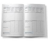 Open book with policy review sections on a white background