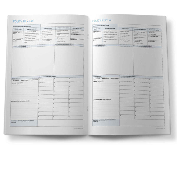 Open book with policy review sections on a white background