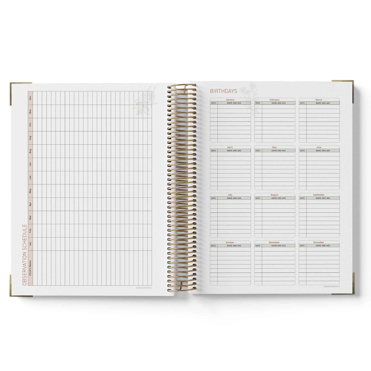 Open spiral-bound QLD Kindy Programming Diary with grid and list pages on a white background