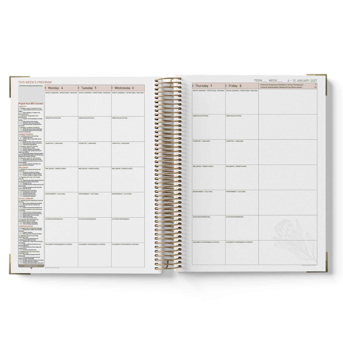 Open QLD Kindy Programming Diary showing weekly and daily schedules on white background