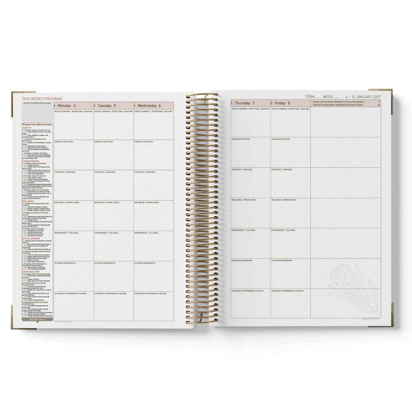 Open QLD Kindy Programming Diary showing weekly and daily schedules on white background