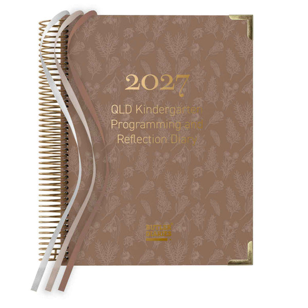 Brown QLD Kindy Programming Diary with gold text and floral pattern on a white background