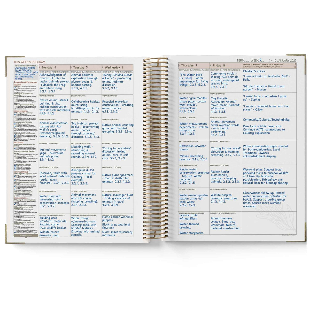Open QLD Kindy Programming Diary with daily schedule and notes on a white background