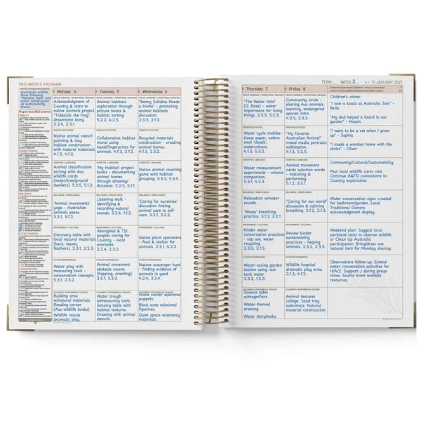 Open QLD Kindy Programming Diary with daily schedule and notes on a white background