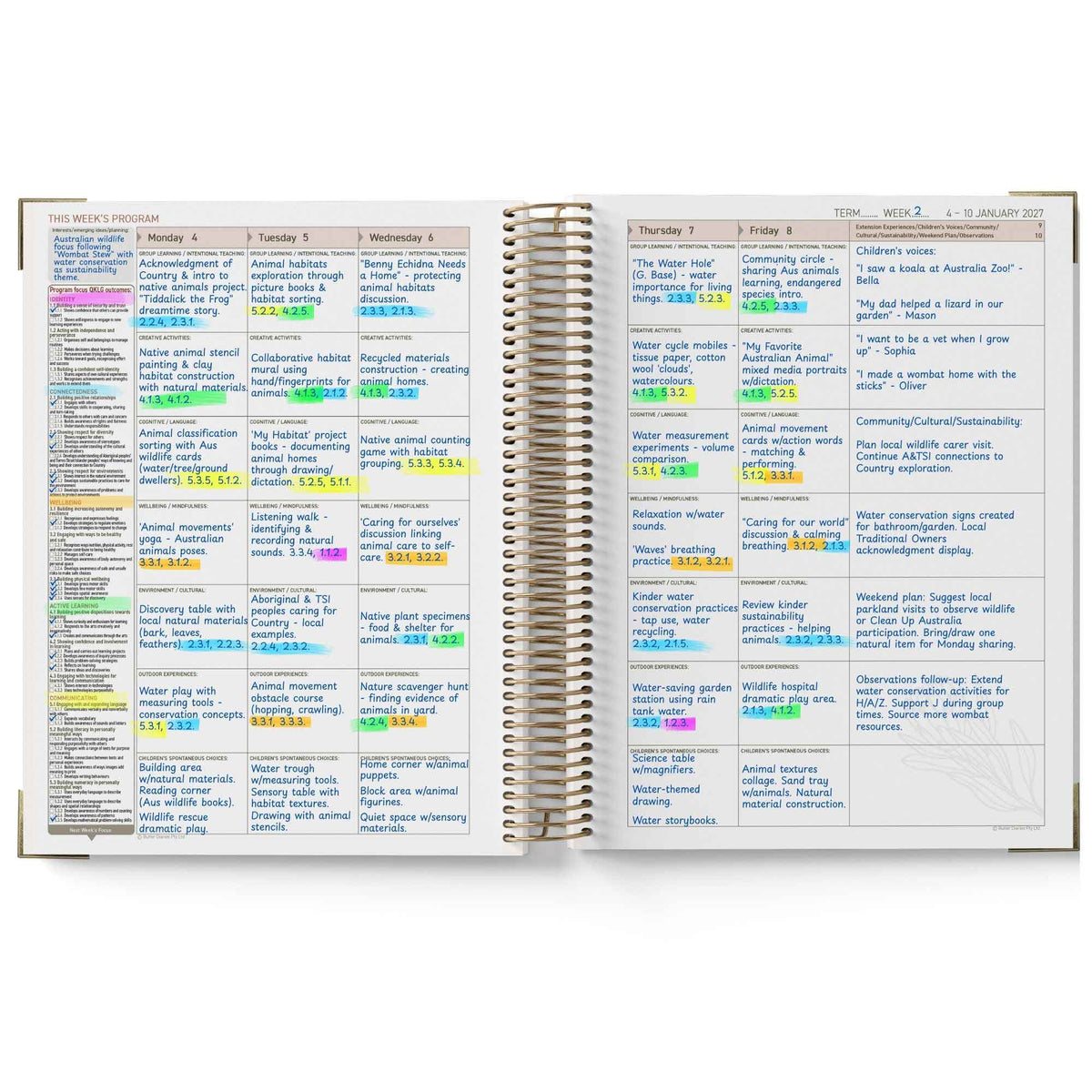 Open QLD Kindy Programming Diary with daily task listings on each page, showing a weekly schedule.
