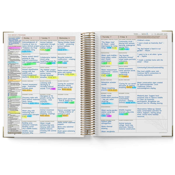 Open QLD Kindy Programming Diary with daily task listings on each page, showing a weekly schedule.