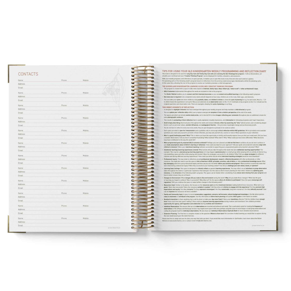 Open spiral-bound QLD Kindy Programming Diary showing pages with text on a white background