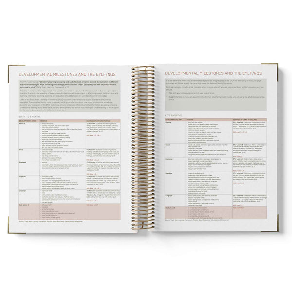 Open spiral-bound QLD Kindy diary with pages showing text on a white background