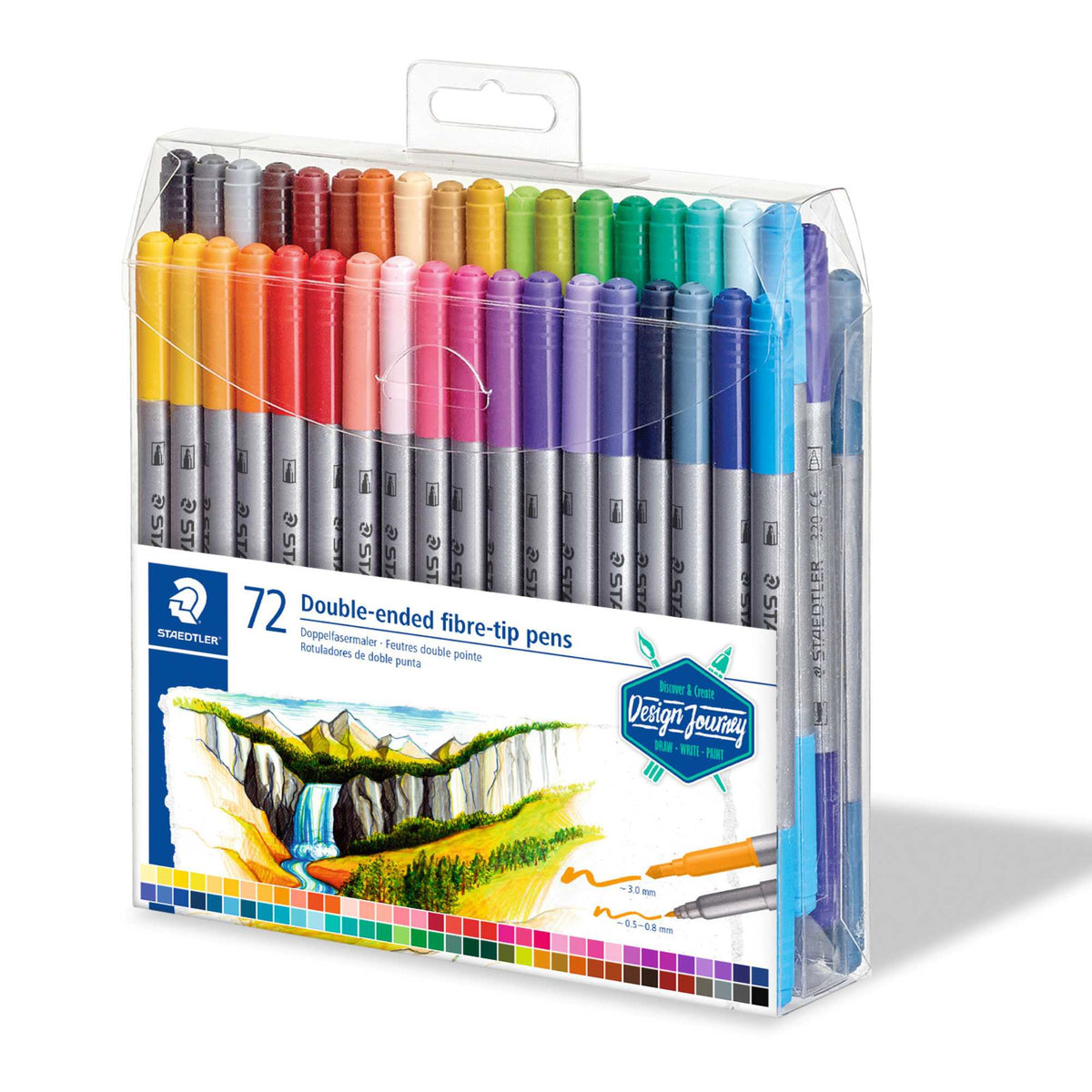 Pack of 72 double-ended fibre-tip pens with a colorful design on a white background