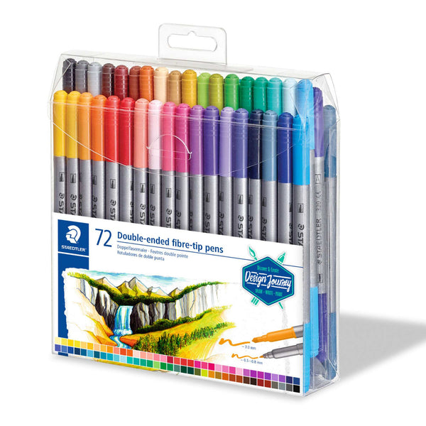 Pack of 72 double-ended fibre-tip pens with a colorful design on a white background
