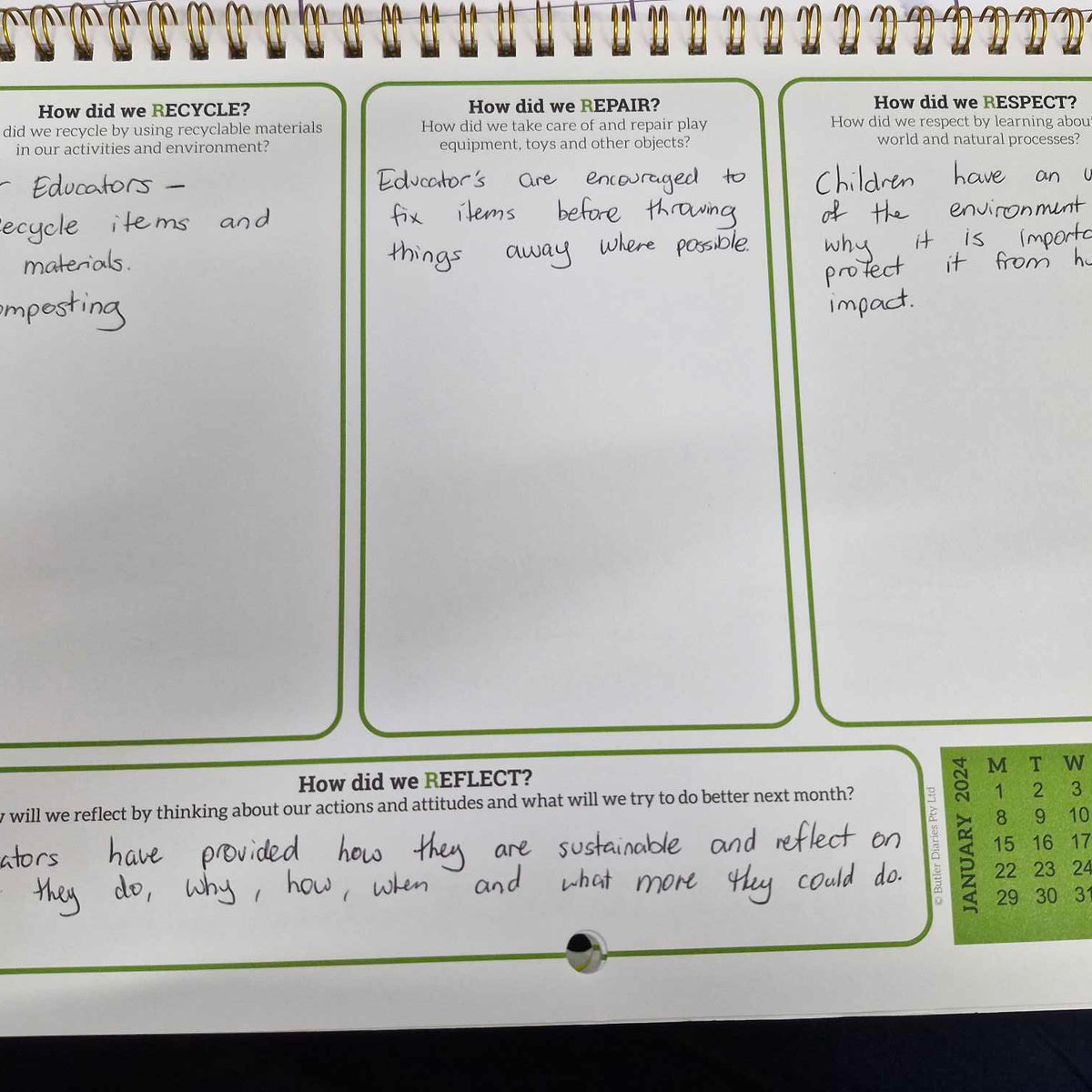 An example of the sustainability calendar being used as a QIP in action to update with educator and whole service sustainable actions
