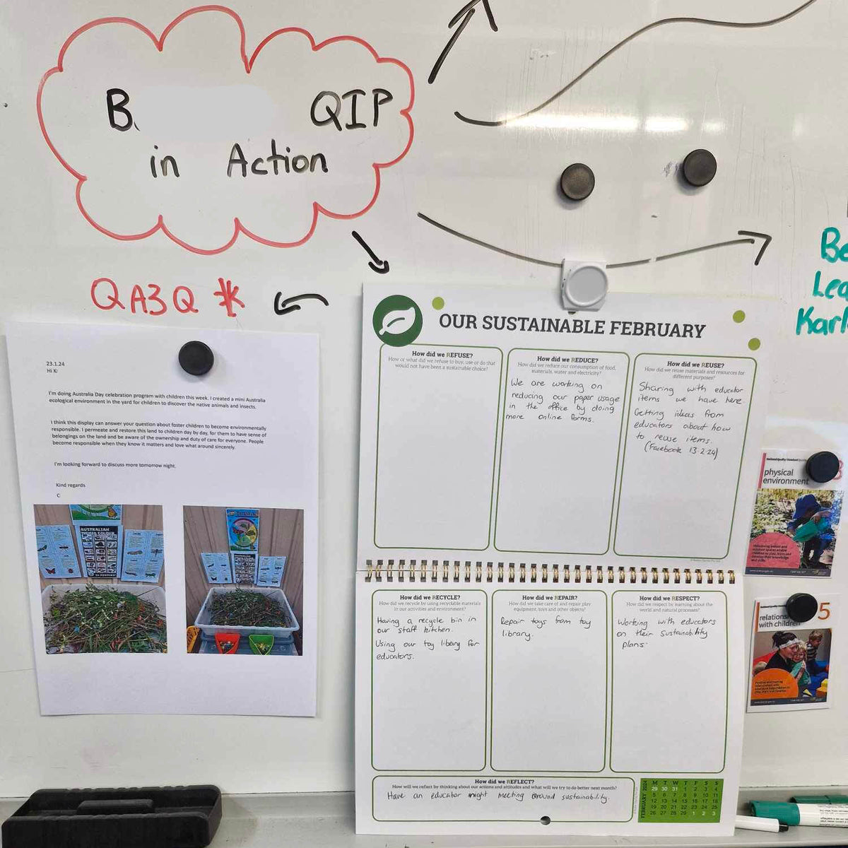 An example of the sustainability calendar being used as part of this service's QIP in action