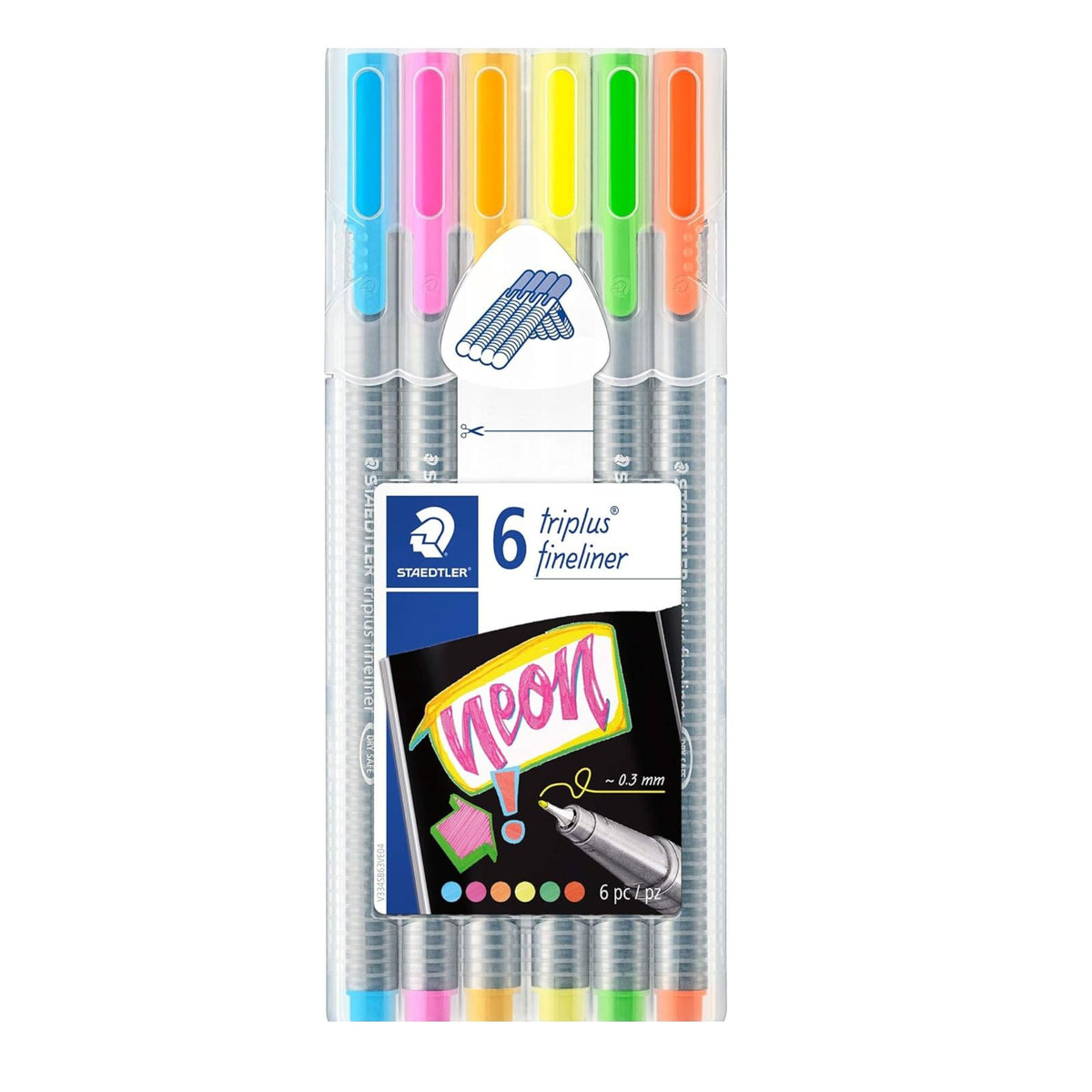 Pack of Staedtler triplus fineliner pens with colorful caps on a white background