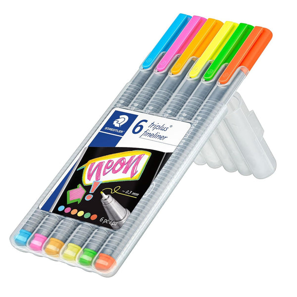 Pack of Staedtler triplus neon fine liners with colorful caps on a white background