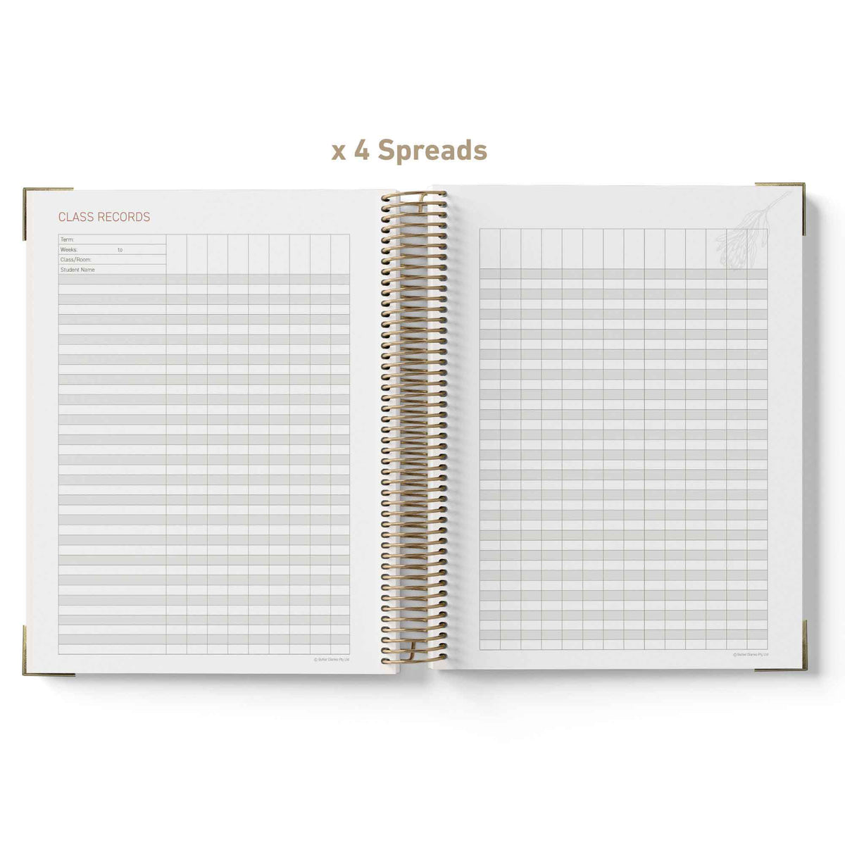 Open spiral-bound teacher planner showing grid and list-style pages on a white background