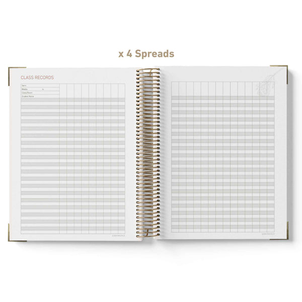 Open spiral-bound teacher planner showing grid and list-style pages on a white background