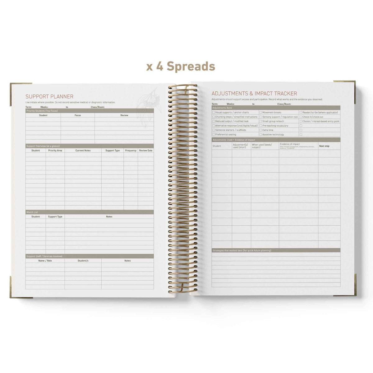 Open teacher planner showing support planner and adjustments & impact tracker on white background