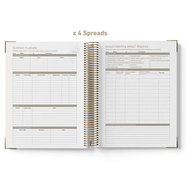 Open teacher planner showing support planner and adjustments & impact tracker on white background
