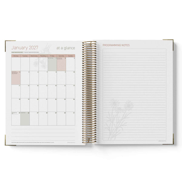 Open teacher planner showing January 2027 calendar and programming notes section on a white background