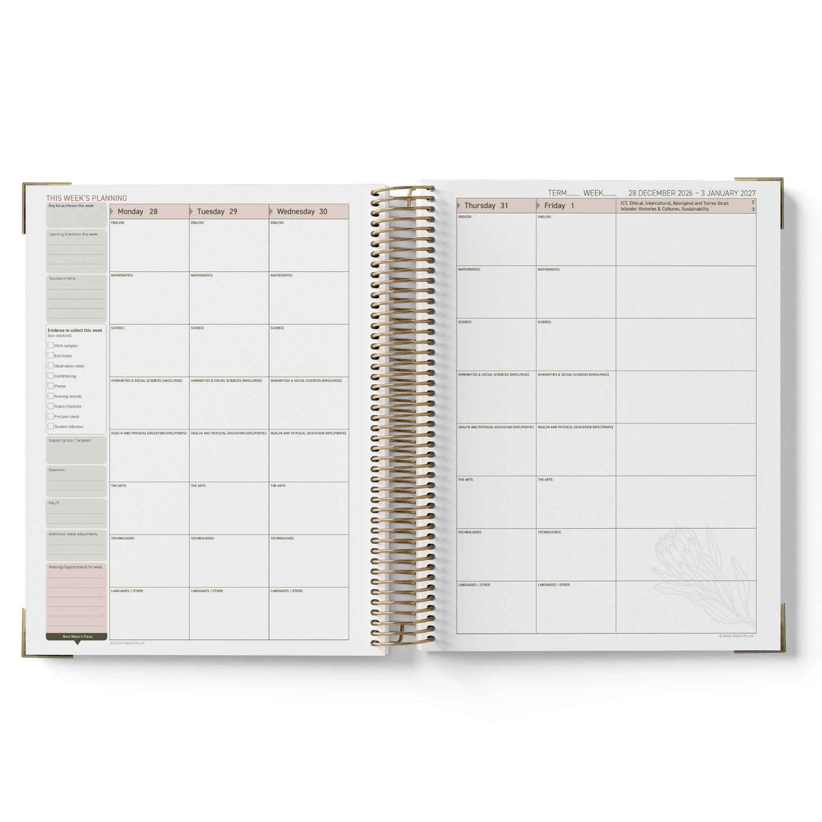 Open teacher planner showing weekly and monthly scheduling on a white background