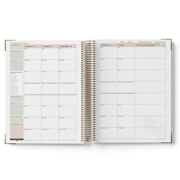 Open teacher planner showing weekly and monthly scheduling on a white background