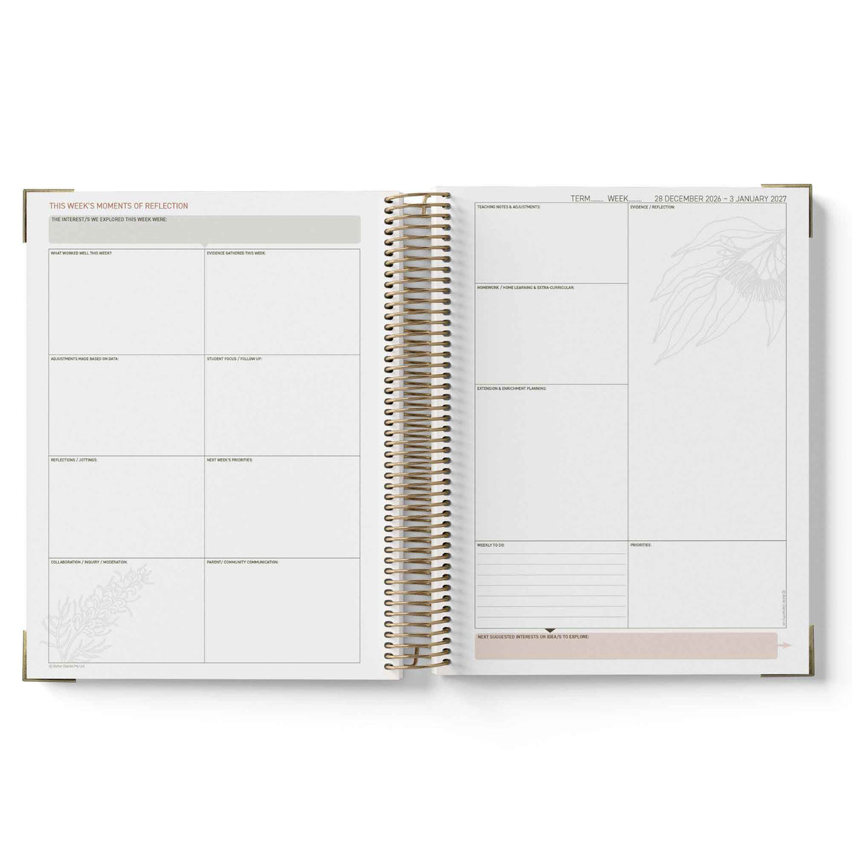 Open teacher planner showing weekly and monthly layout on white background