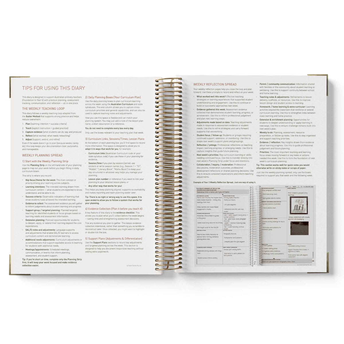 Open spiral-bound planner with text and layout instructions on a white background