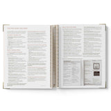 Open spiral-bound planner with text and layout instructions on a white background