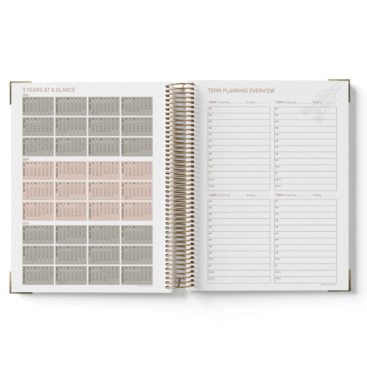 Open teacher planner showing calendar and planning pages on a white background