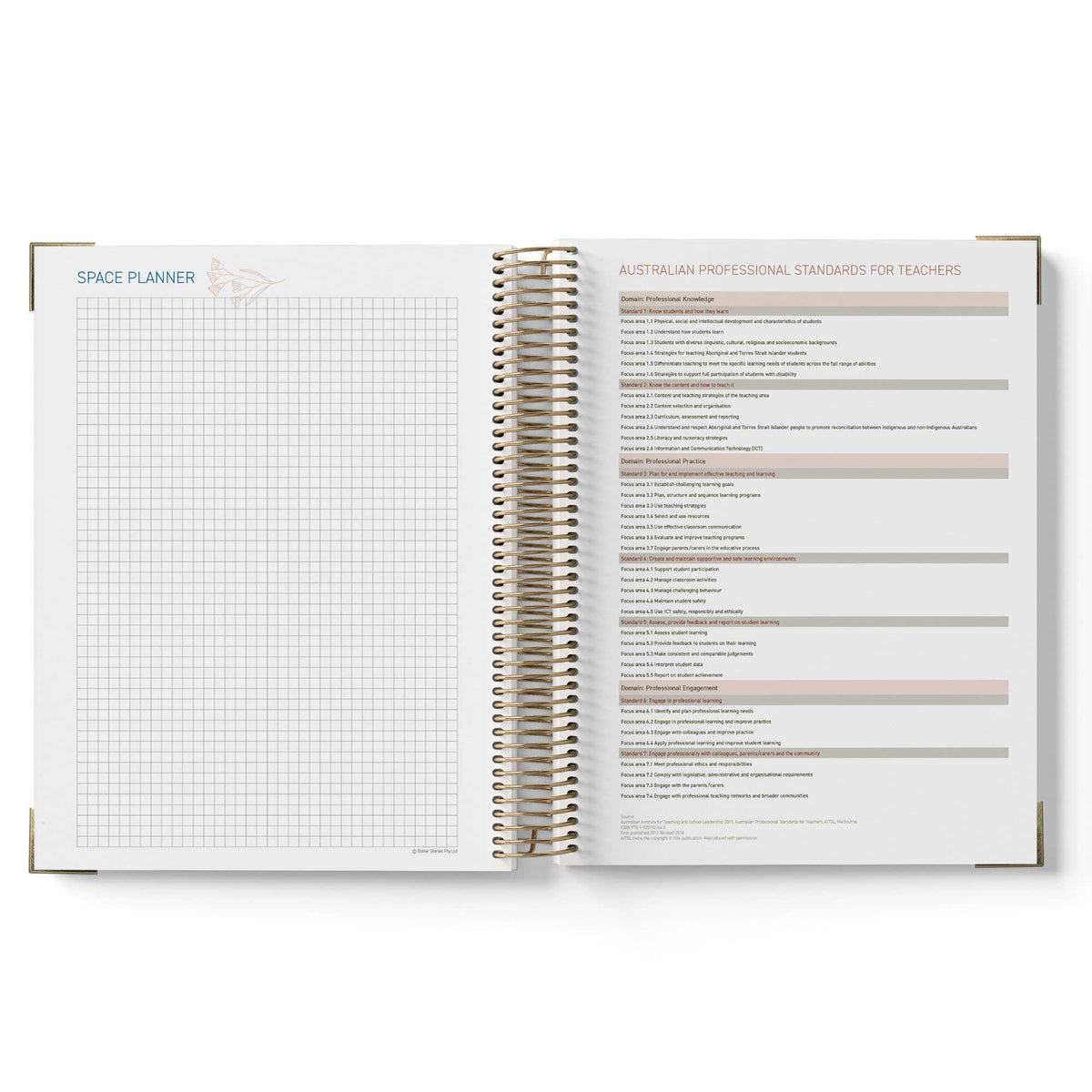 Open teacher planner with grid and text pages on a white background