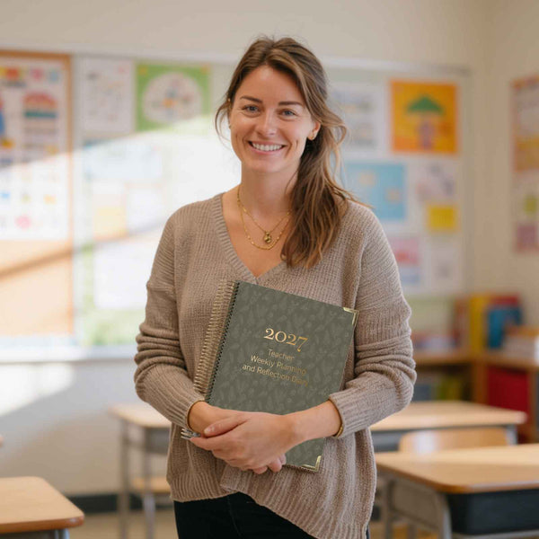 primary school teacher holding a butler diary in classroom