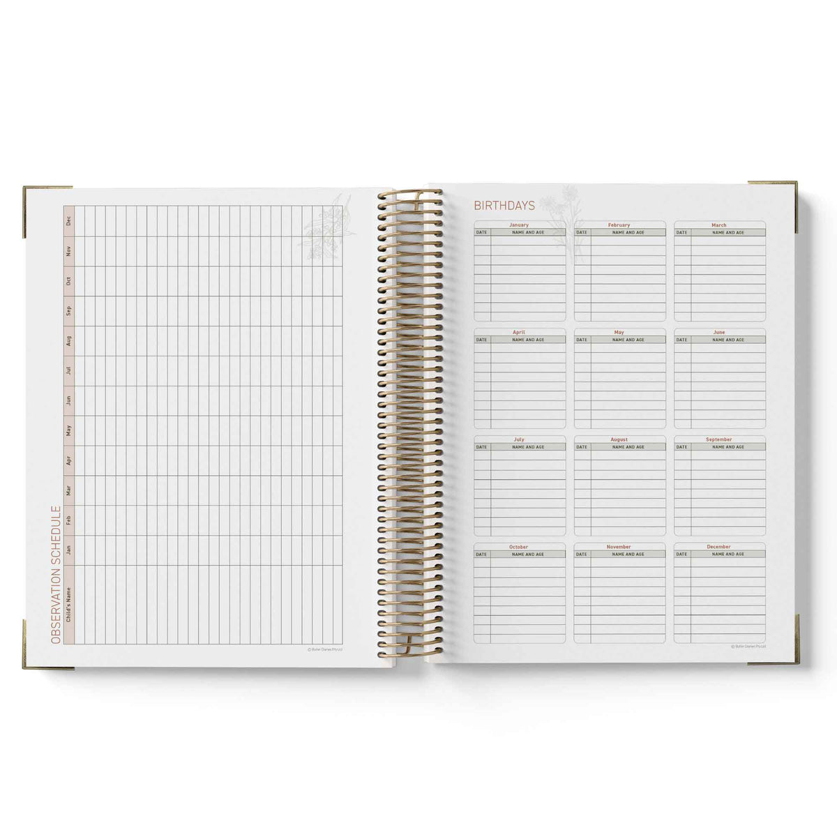 Open spiral-bound 2027 ECEC Programming Diary with grid and list pages on a white background