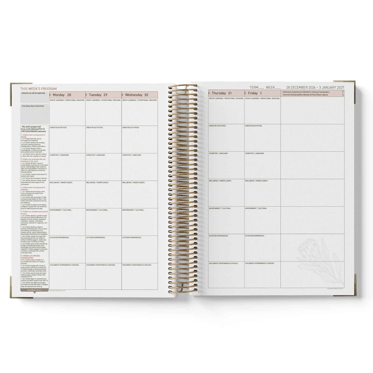 Open 2027 ECEC Programming Diary showing weekly and daily schedules on white background