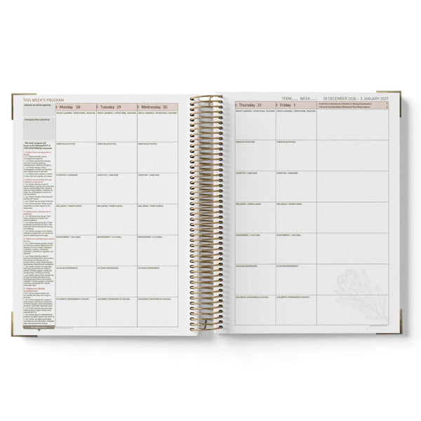 Open 2027 ECEC Programming Diary showing weekly and daily schedules on white background