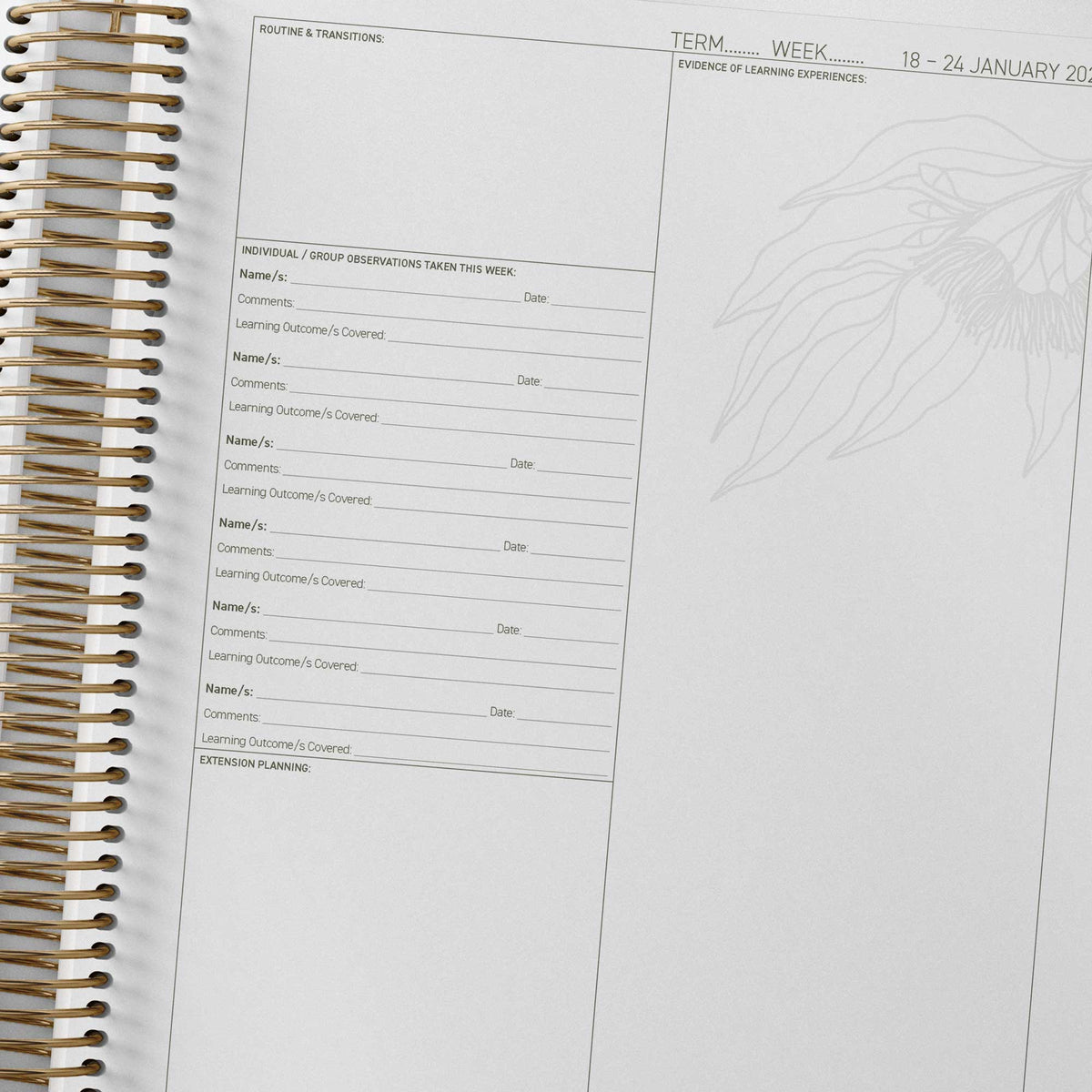 Spiral-bound 2027 ECEC Programming Diary with a page titled 'EVIDENCE OF LEARNING EXPERIENCES' on a white background.