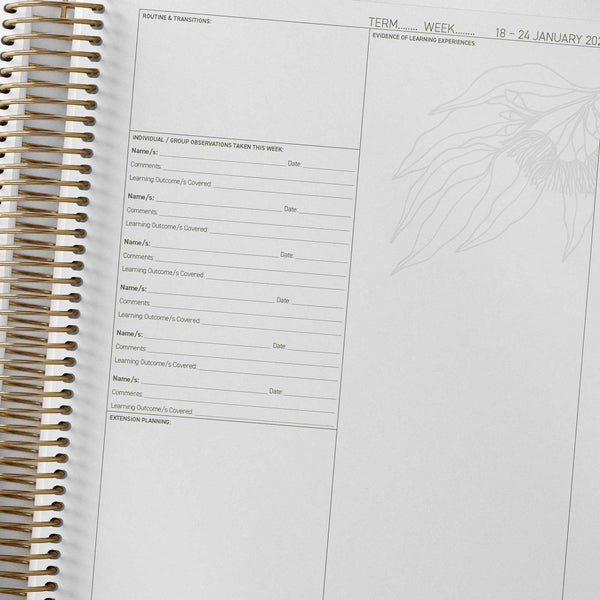 Spiral-bound 2027 ECEC Programming Diary with a page titled 'EVIDENCE OF LEARNING EXPERIENCES' on a white background.