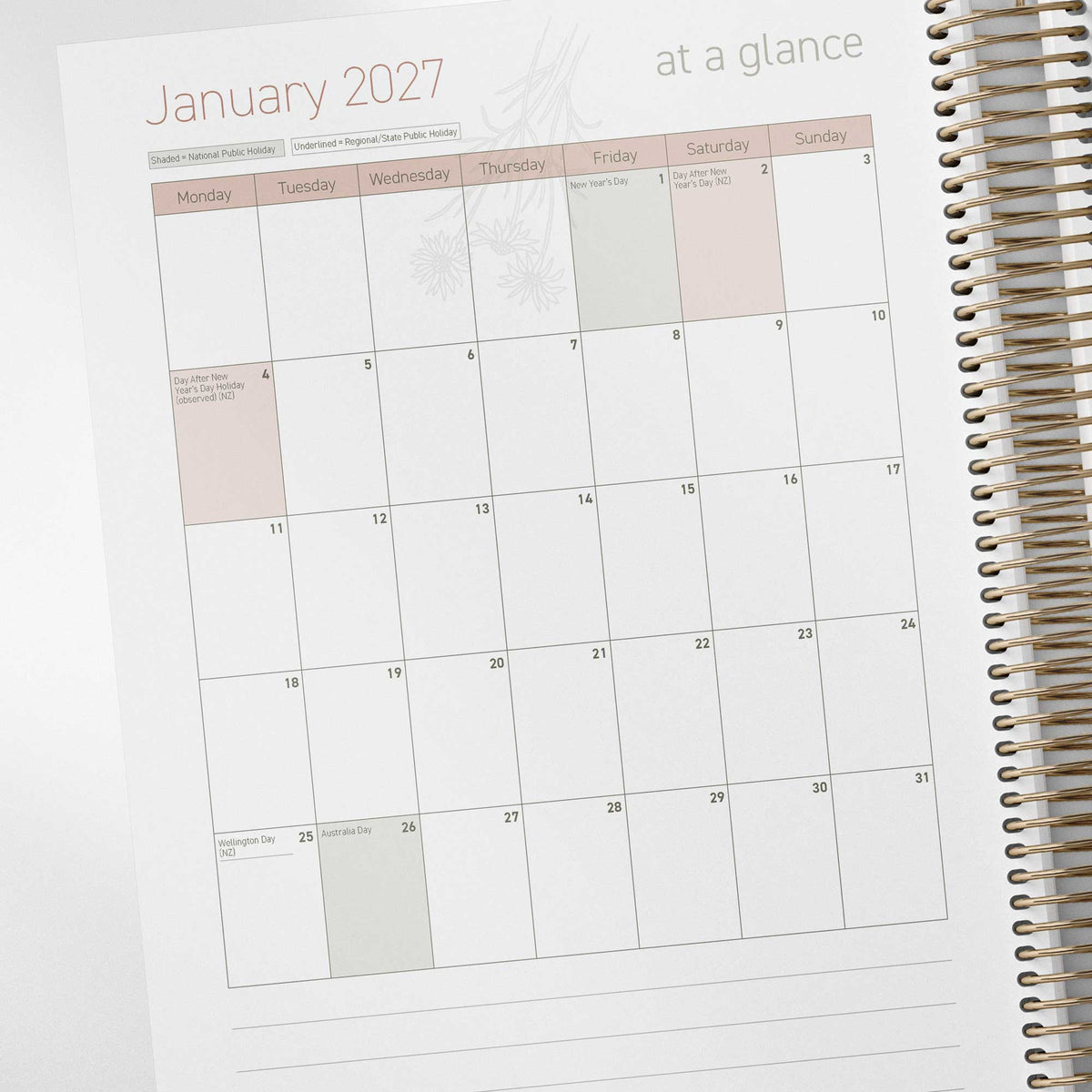 Calendar page for January 2027 with a spiral-bound 2027 ECEC Programming Diary on a white background