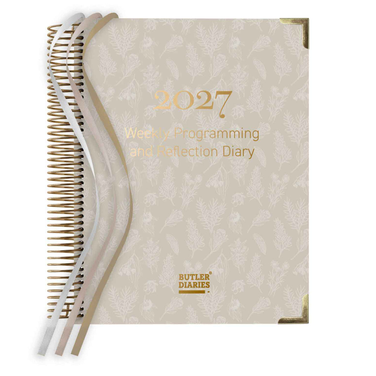 2027 weekly programming and reflection diary with beige cover and gold text on a white background