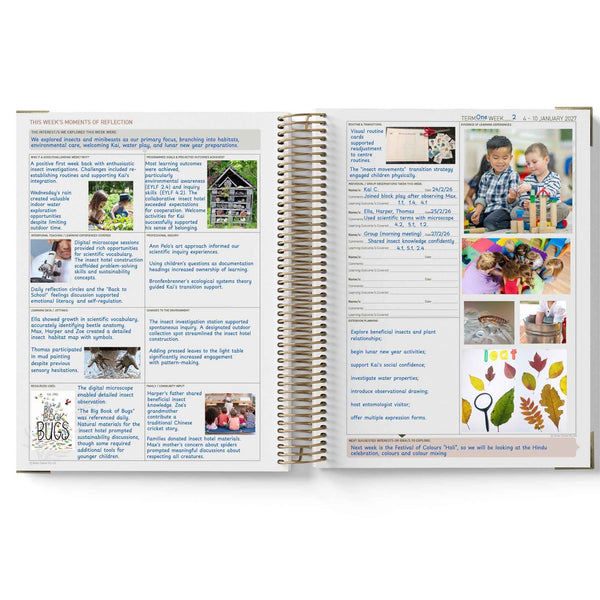 Open 2027 ECEC Programming Diary with educational content and child-related images on a white background