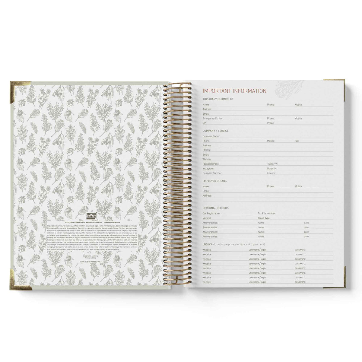 Open 2027 ECEC Programming Diary with floral pattern on one page and text on the other, on a white background