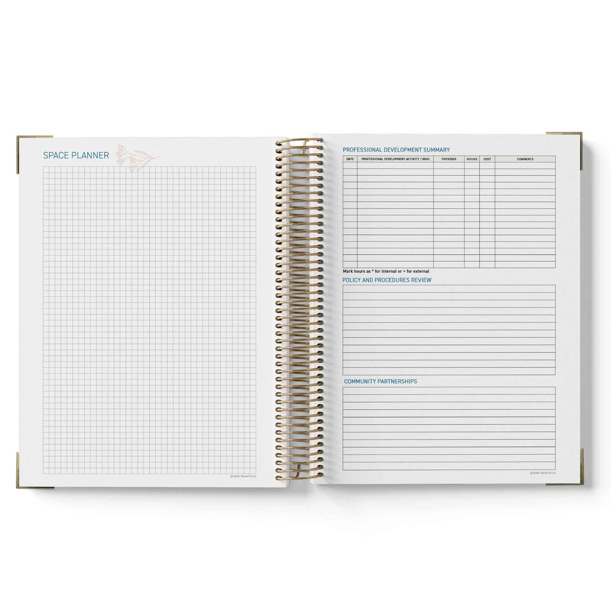 Open spiral-bound 2027 ECEC Programming Diary with grid and lined pages on a white background