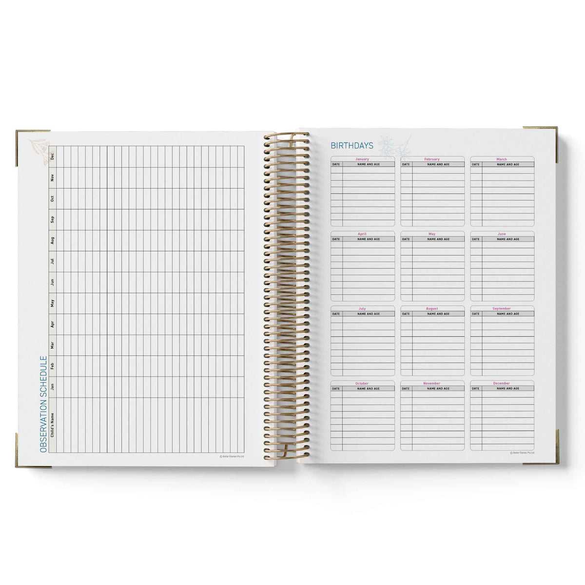 Open spiral-bound 2027 ECEC Programming Diary with schedule and birthday pages on a white background